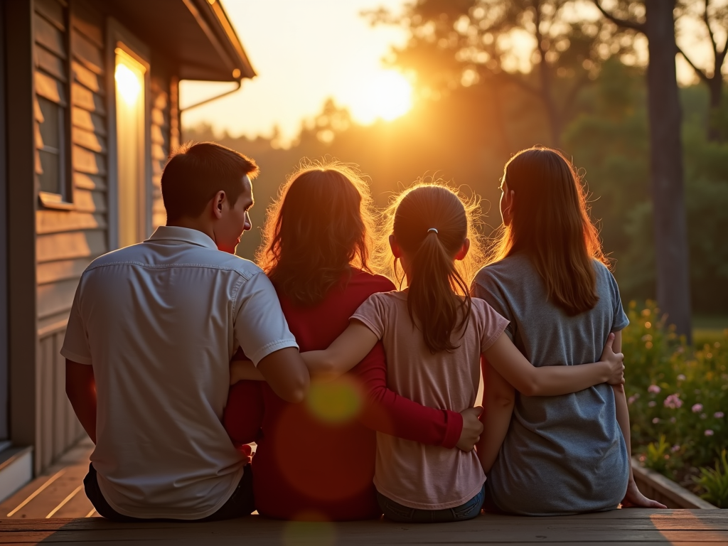 Adoptive family embracing on their porch at sunset.