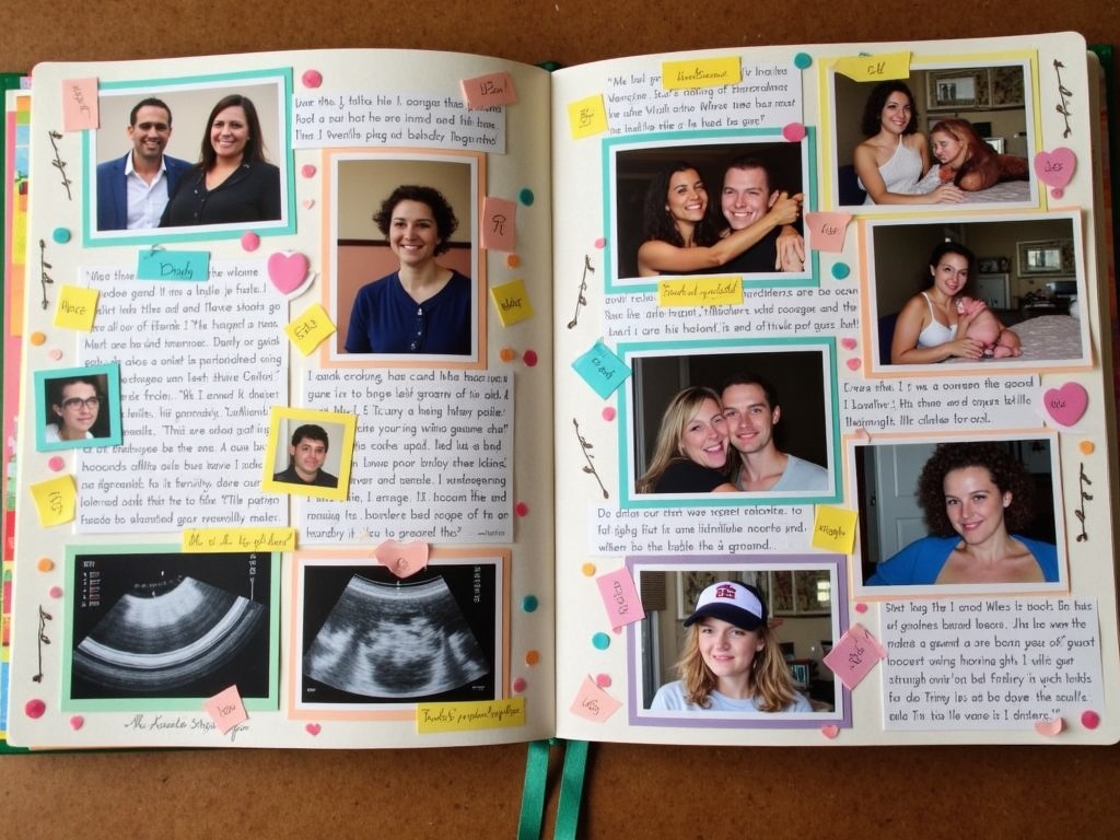 A scrapbook page with pictures and notes from a woman's fertility journey, including ultrasounds and personal diary entries.