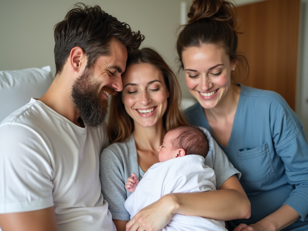 Same-sex couple with their newborn and surrogate