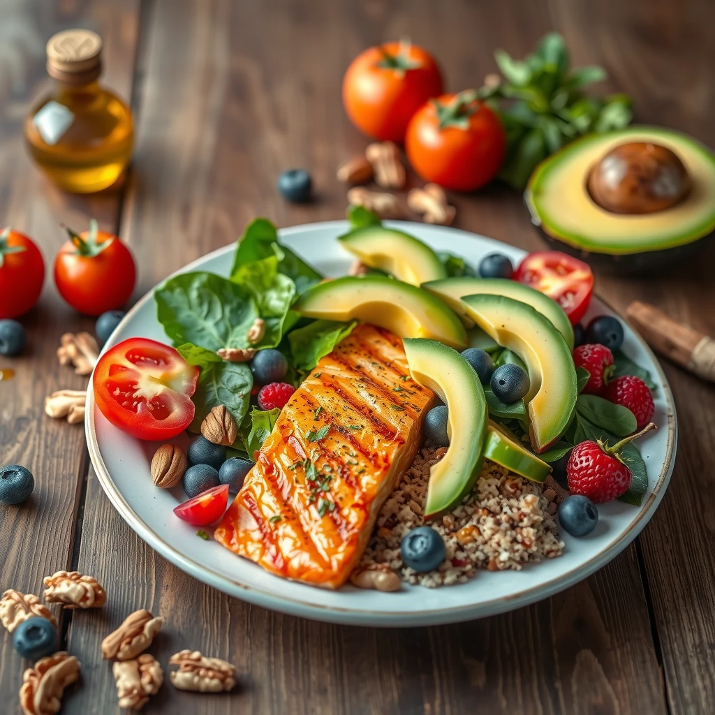 Vibrant plate of Mediterranean diet foods including vegetables, salmon, nuts, and fruits