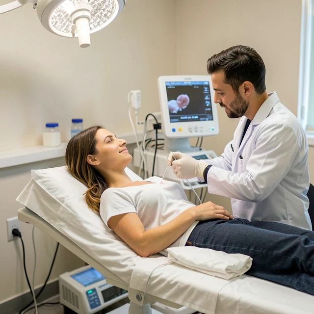 Embryo transfer procedure using ultrasound guidance in a fertility clinic