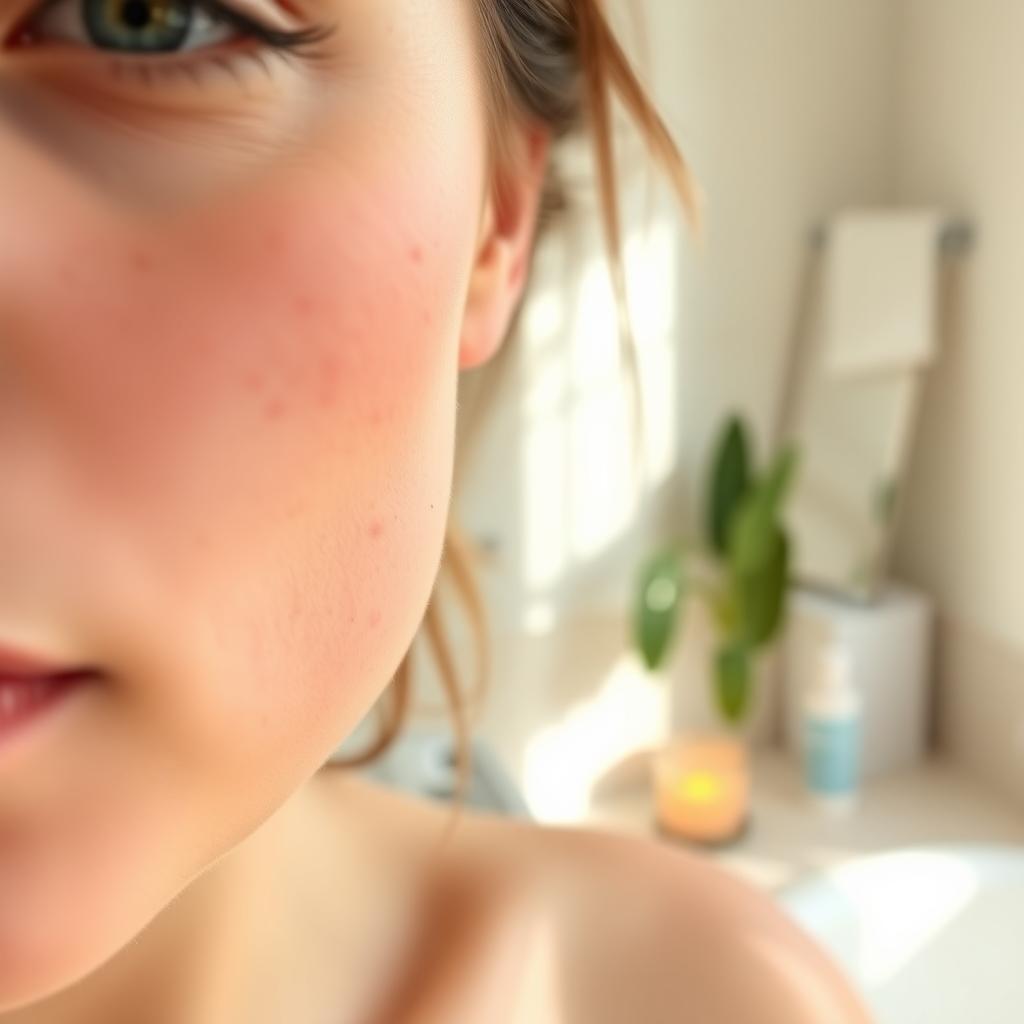 Close-up of a woman’s face with mild acne and facial hair, representing PCOS symptoms.