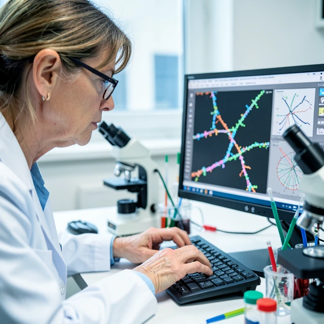 Scientist analyzing DNA data in advanced genetics lab