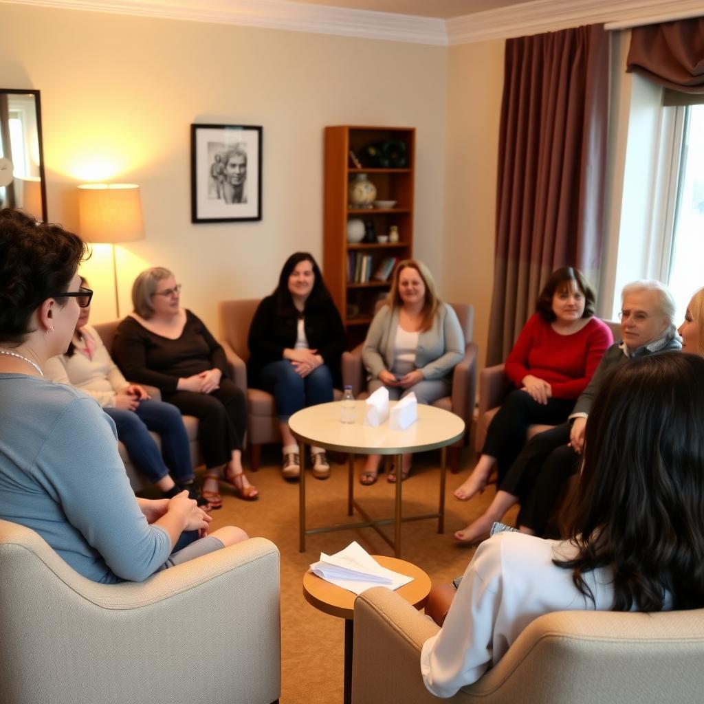 A fertility support group meeting in a warm, inviting room with participants sharing and listening.