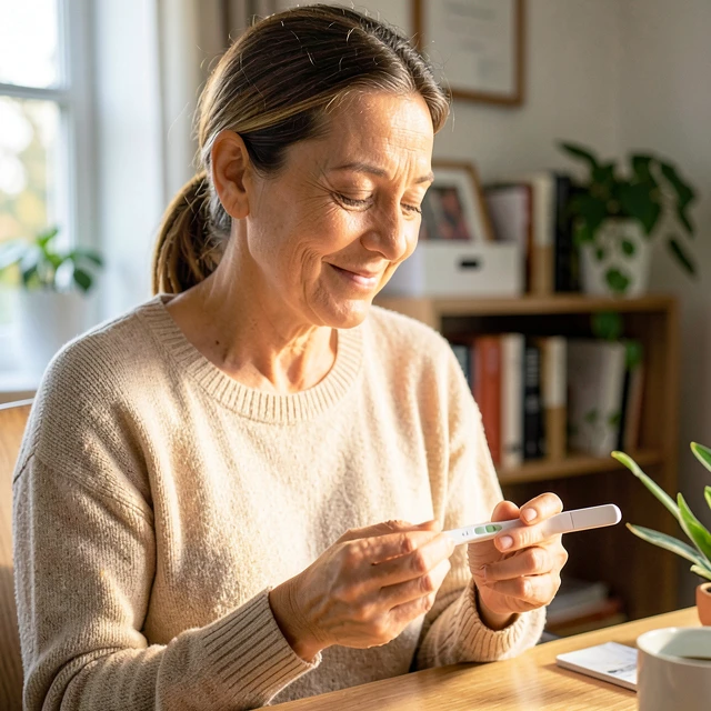 Woman smiling at a positive pregnancy test, representing success after fertility journey