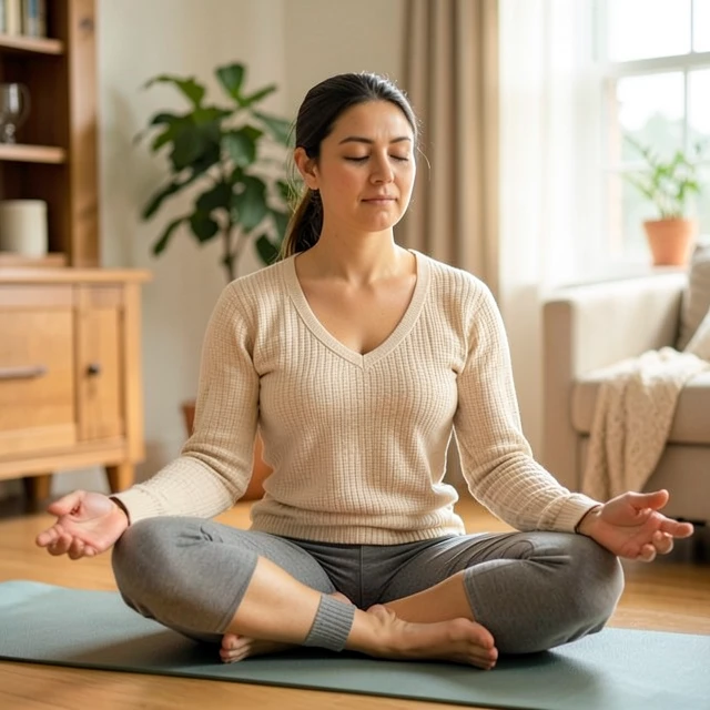 Woman practicing mindfulness and yoga for emotional support during infertility