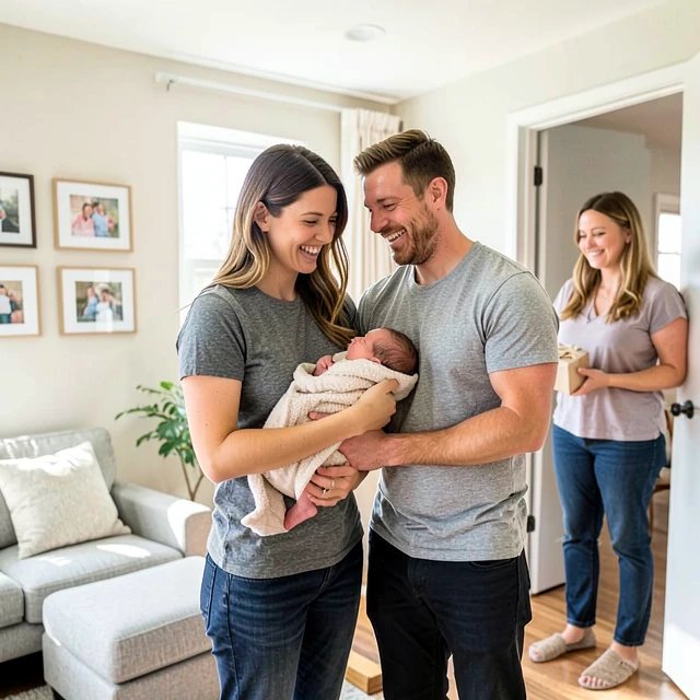 Happy same-sex couple celebrating with their newborn baby and surrogate after a successful surrogacy journey