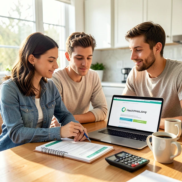 Couple carefully reviewing health insurance documents and marketplace plan options at home