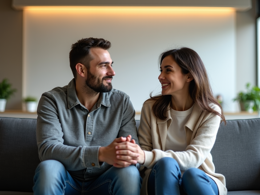A couple in a fertility clinic waiting room, holding hands and looking hopeful.