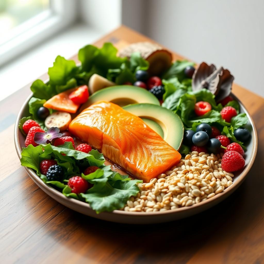 A plate of fertility-boosting foods like salmon, avocado, and berries on a wooden table.