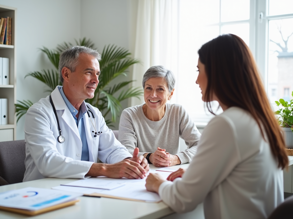 A fertility doctor consulting with a couple in a clinic office