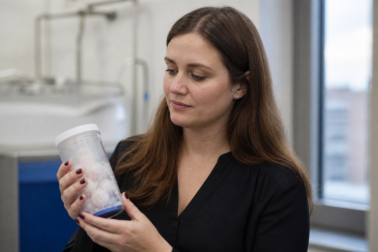 Woman holding frozen eggs jar representing fertility preservation