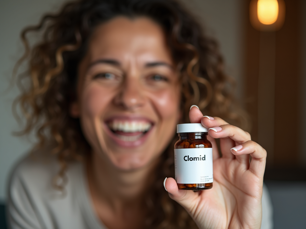 Woman holding Clomid medication, symbolizing the start of her fertility journey.