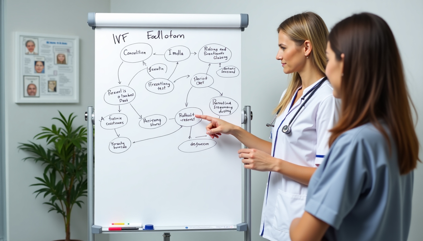 Nurse explaining IVF process flowchart