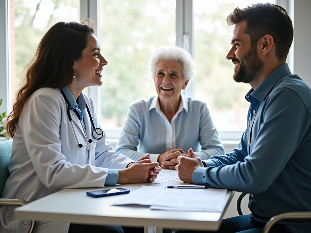 A fertility doctor explaining options to a couple during a consultation.