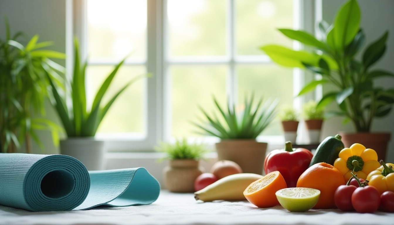 Illustration of a serene holistic care setting with natural elements indicative of a balanced lifestyle.