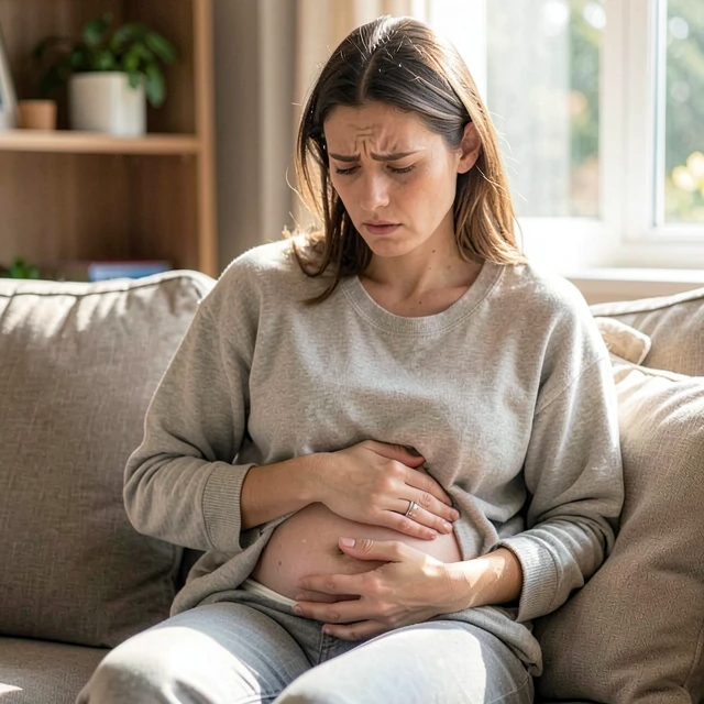 Young woman experiencing pelvic pain from endometriosis in a home setting