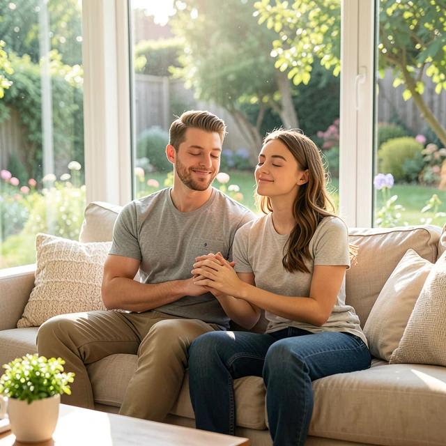 Couple practicing deep breathing together at home to reduce stress while trying to conceive