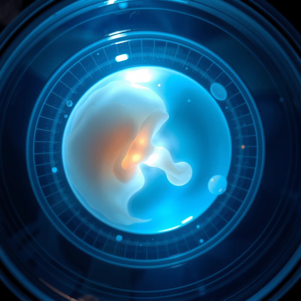 Microscopic view of a frozen human embryo.