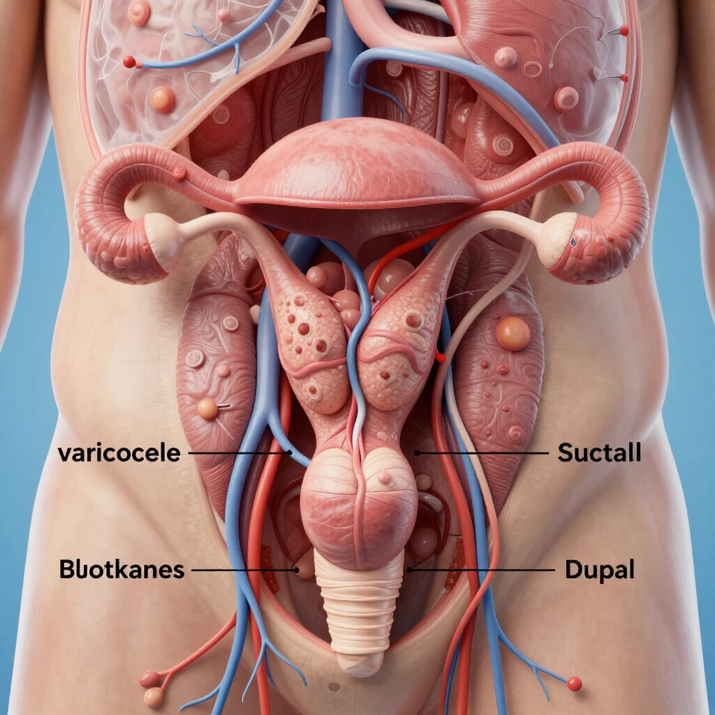 Diagram of male reproductive system showing common infertility issues like varicocele
