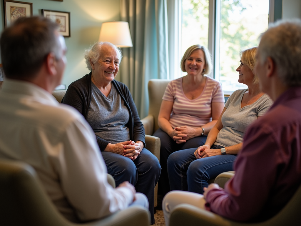 Cancer survivors sharing their fertility preservation journeys in a support group.