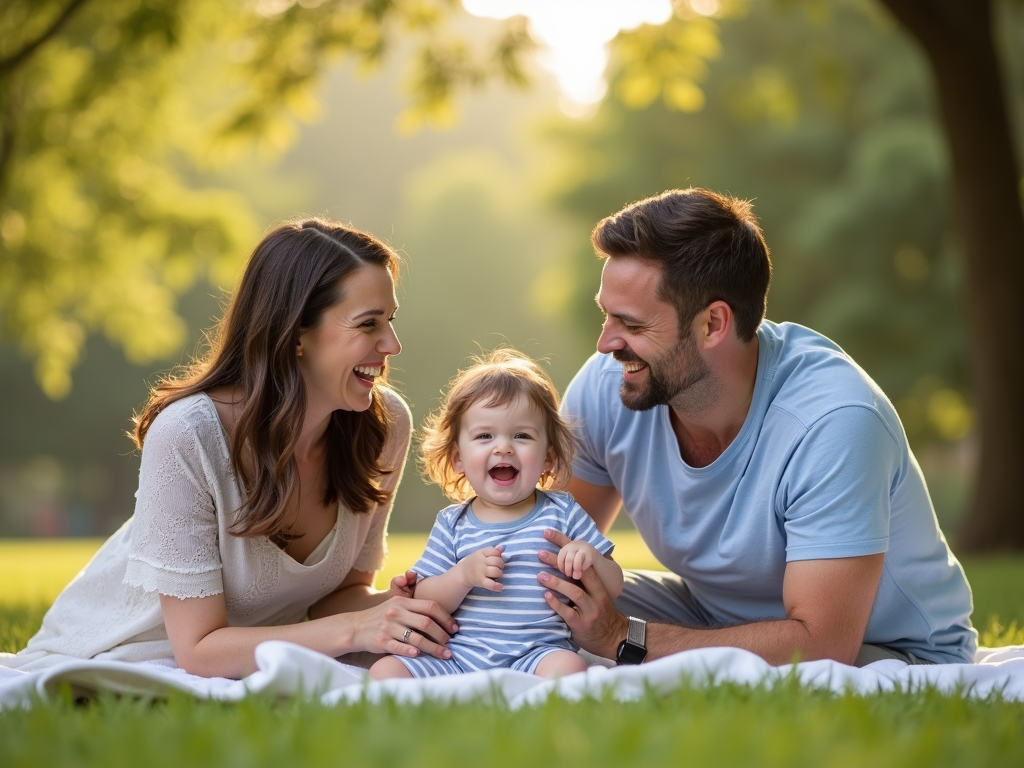 Family laughing in a park after successful fertility preservation.