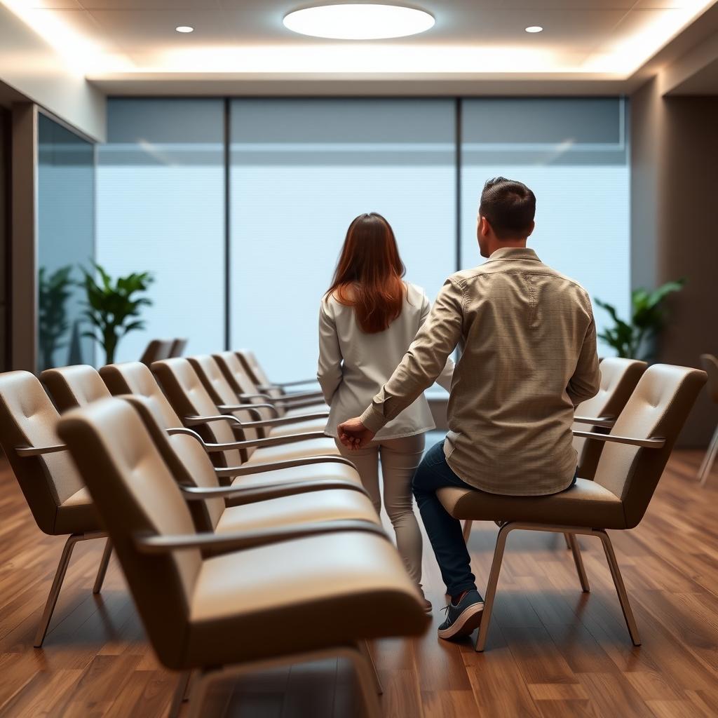 Couple in a modern fertility clinic waiting room, holding hands.
