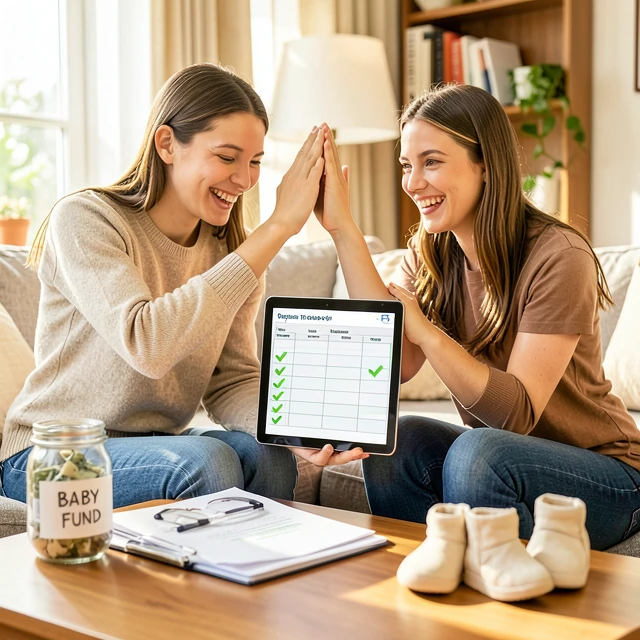 Couple celebrating successful financial planning for fertility