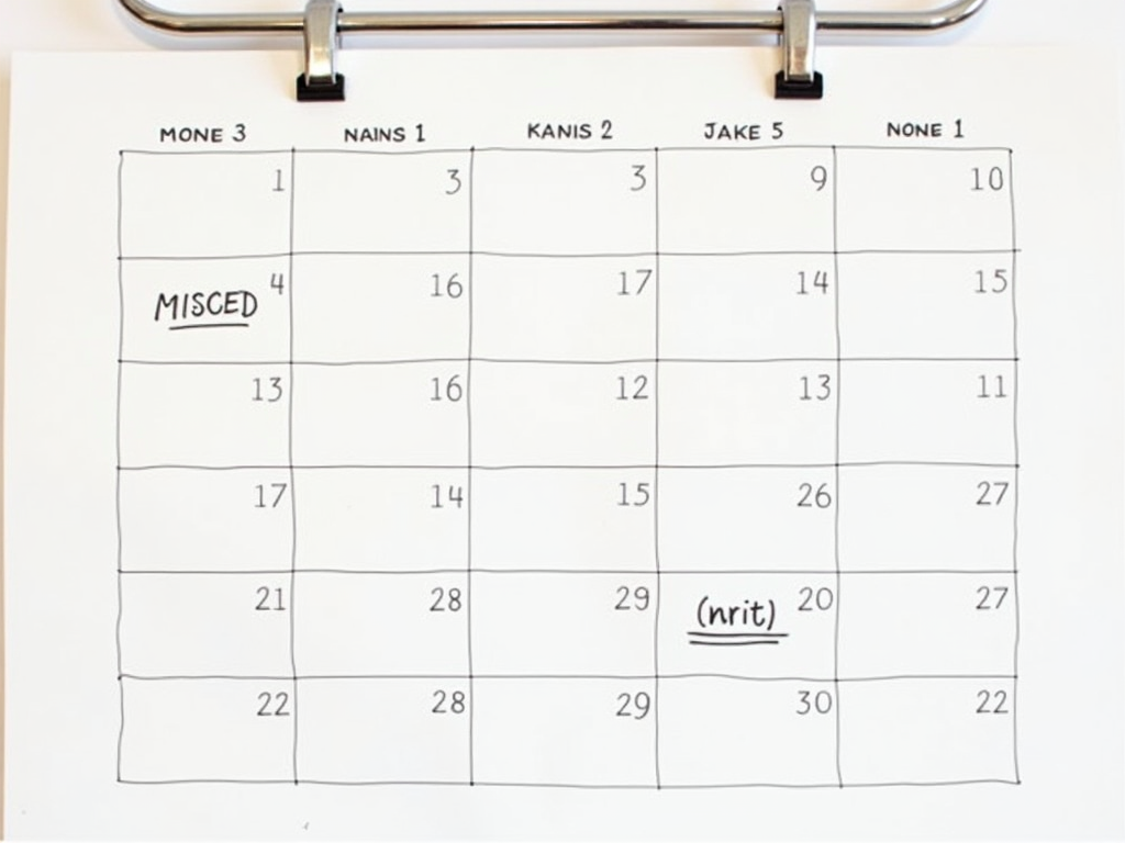 Calendar showing irregular menstrual cycles.