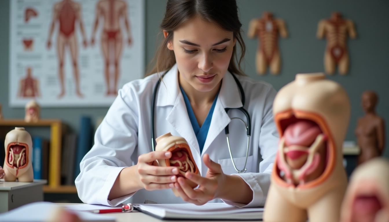 Medical student looking at anatomical models of reproductive organs, focusing on endocrine and reproductive systems.