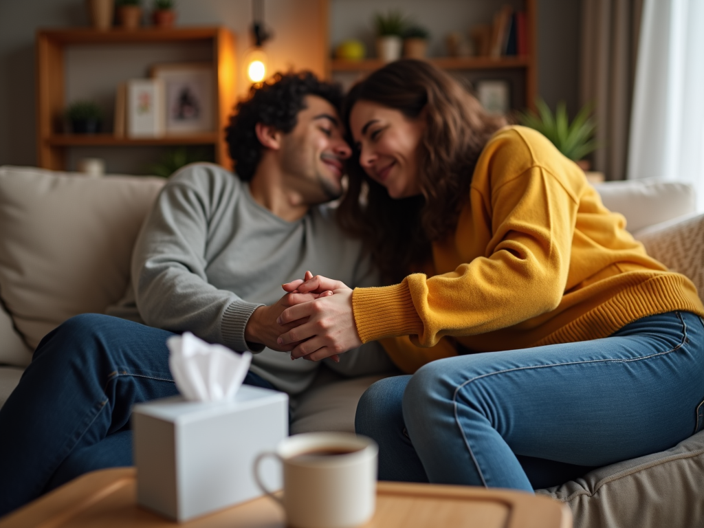 A couple offering each other emotional support in a cozy setting.