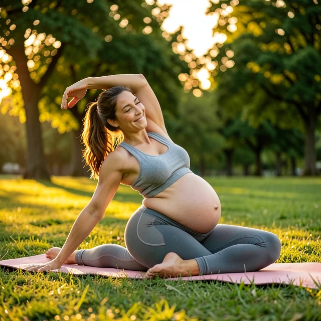 Pregnant woman doing gentle exercise as part of healthy habits for a strong pregnancy