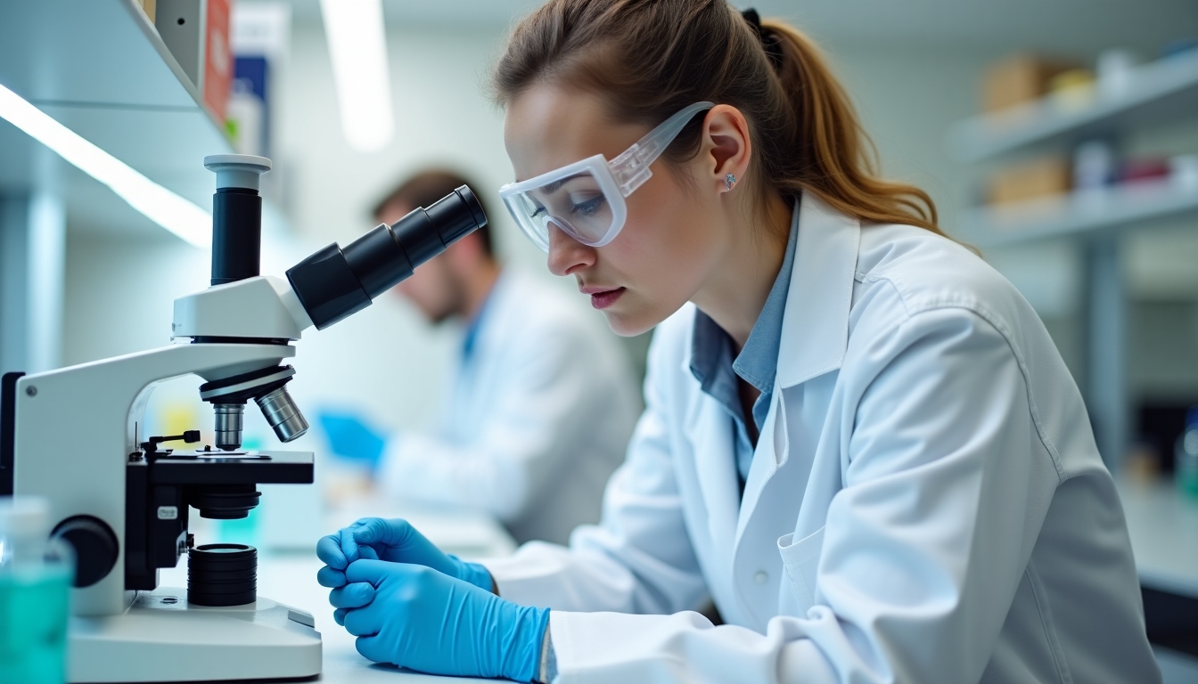 A lab technician analyzing a semen sample under a microscope, showcasing the scientific approach to infertility testing.