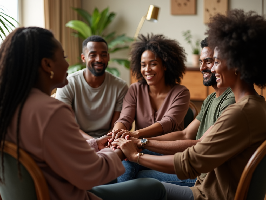 A group of people in a fertility clinic support group, sitting together and showing support in a warm, inviting room.