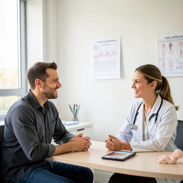 Couple consulting with a fertility doctor in a welcoming clinic