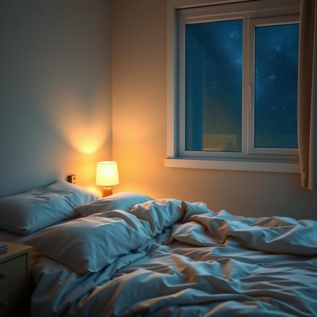 Cozy bedroom with soft linens and a starry night view