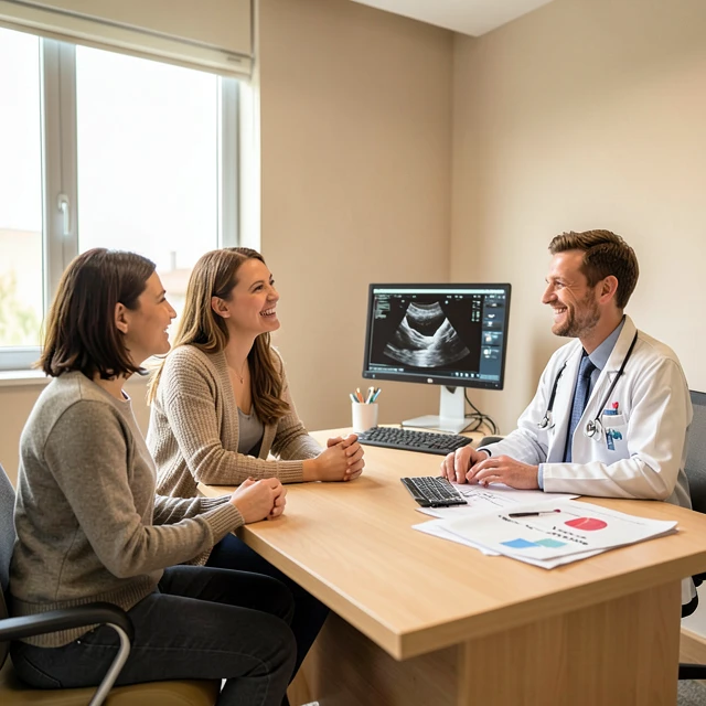 Couple consulting with fertility specialist in a welcoming clinic setting