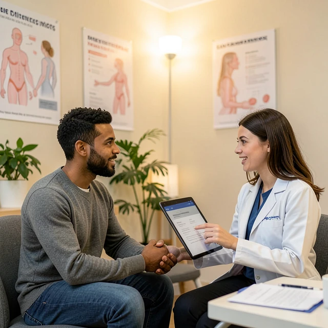 Couple consulting with a fertility doctor in a welcoming clinic setting