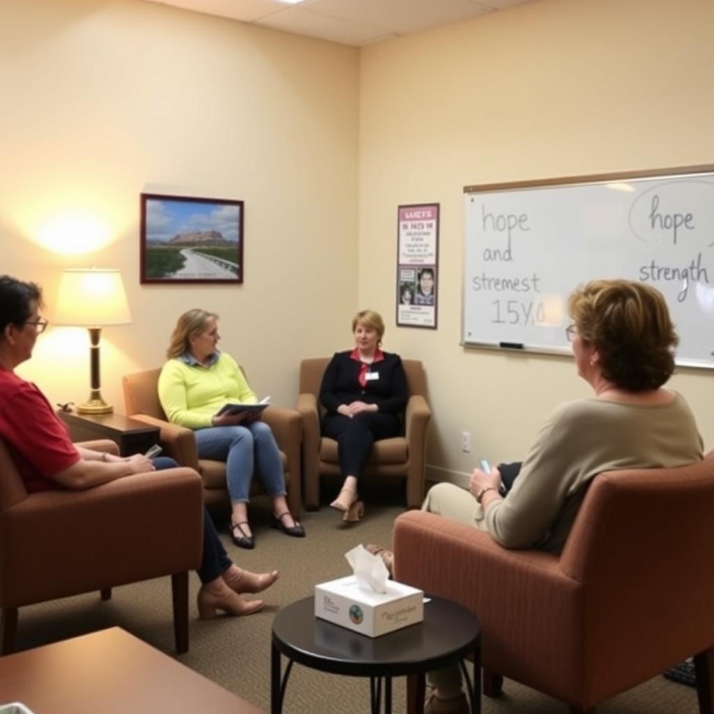 Support group meeting for infertility, with people sharing in a cozy room.