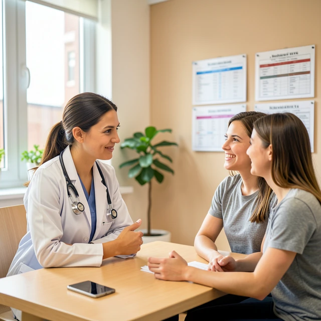 Doctor consulting cancer survivor couple about fertility options