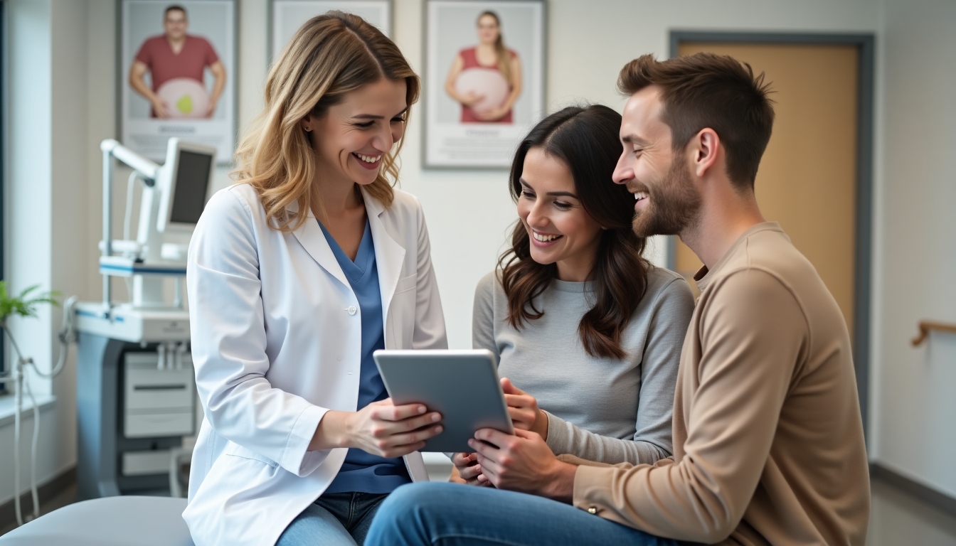 A fertility clinic consultation between a professional and a same-sex couple.