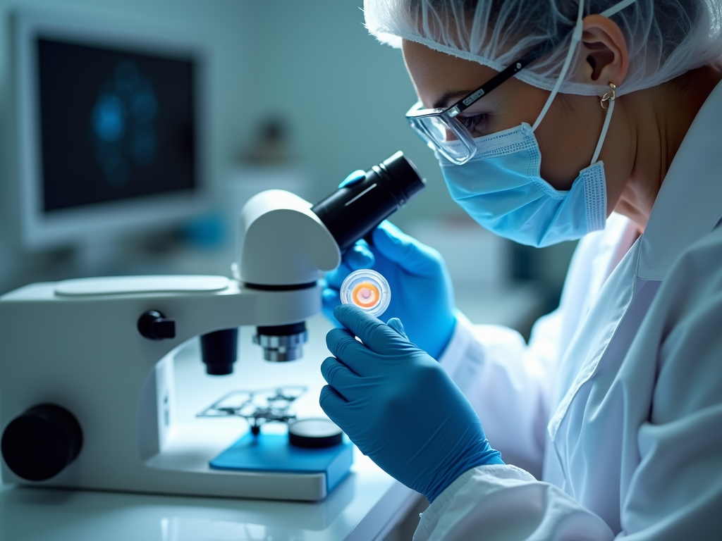 A laboratory technician working with a cryopreserved embryo