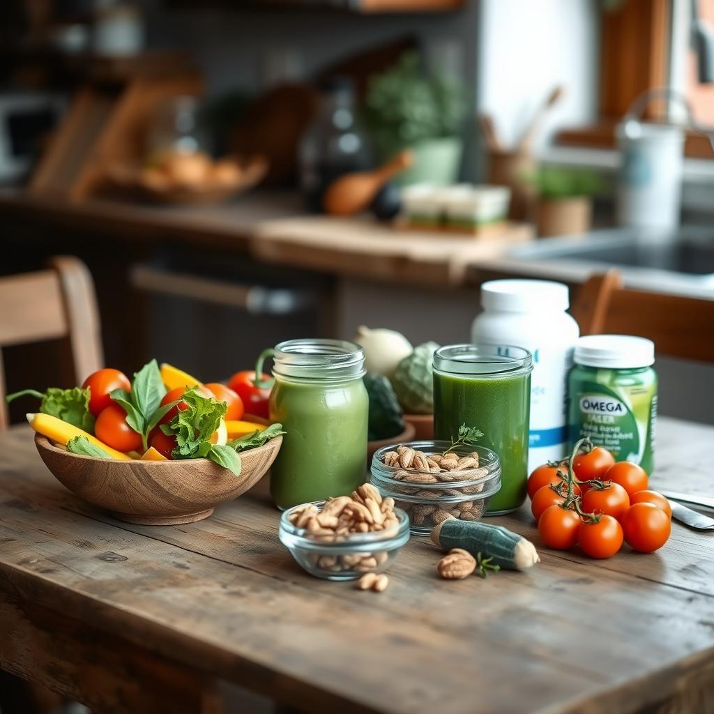 Wooden table with fertility foods like vegetables, nuts, a green smoothie, and omega-3 supplements