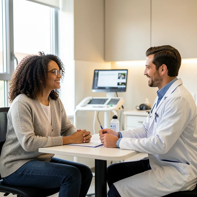 Couple discussing fertility options with a doctor in a clinic