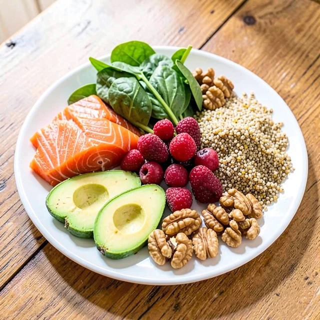 Colorful plate of fertility-boosting foods like salmon, avocado, berries, greens, and nuts