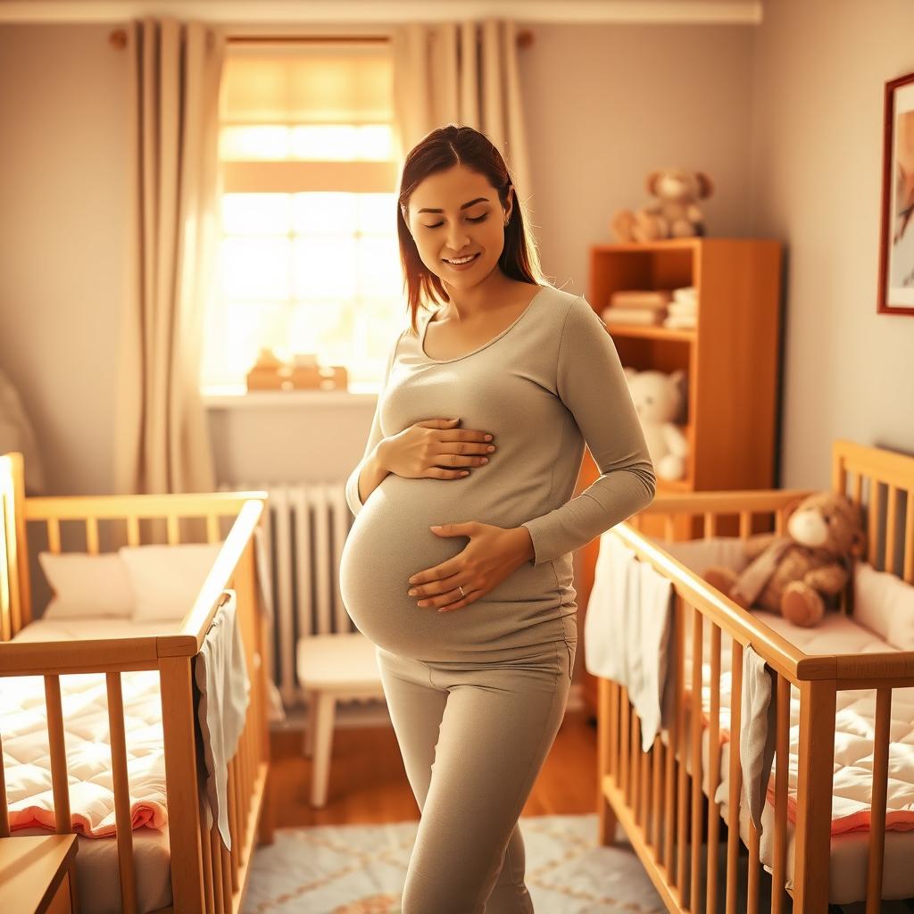A pregnant woman in a cozy nursery with two cribs