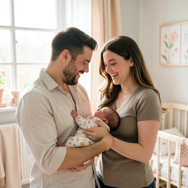 Happy parents holding their newborn baby after overcoming infertility
