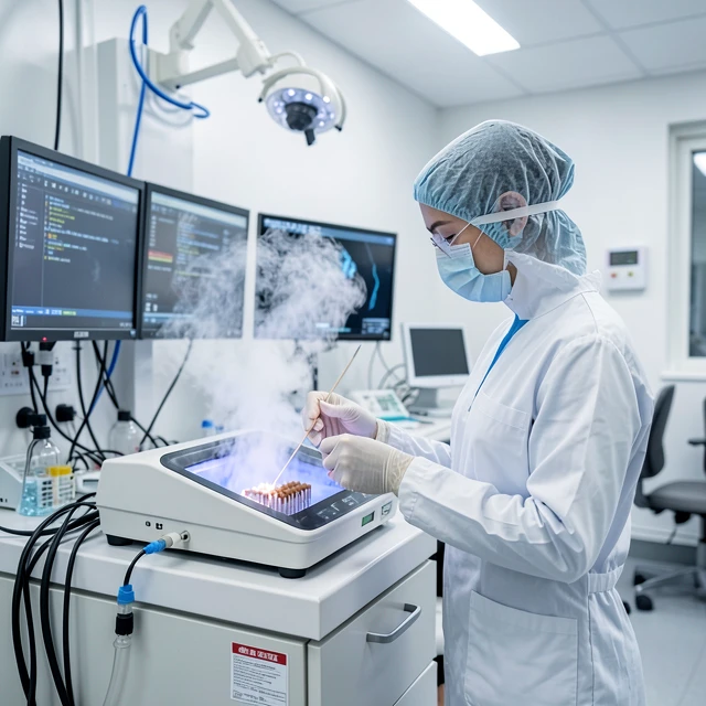Scientist preparing sperm samples for freezing in an HFEA-regulated lab