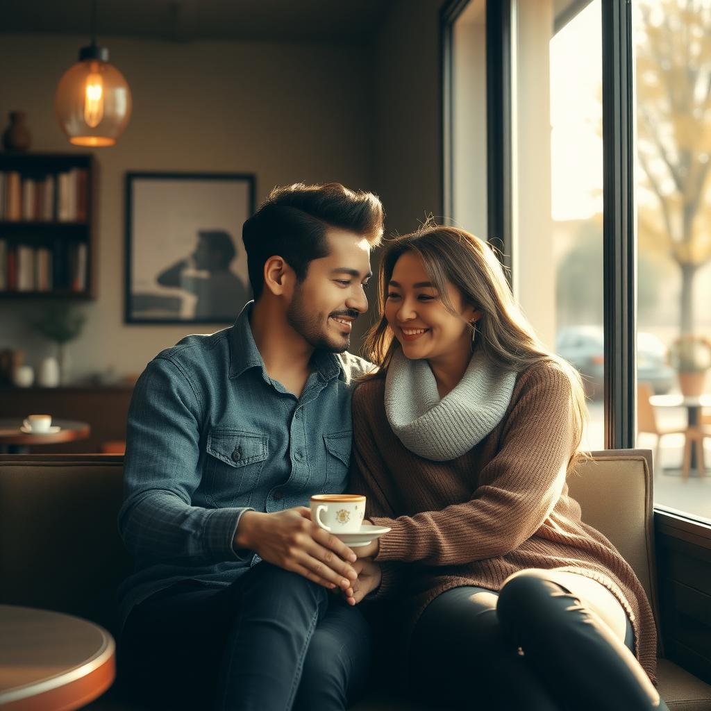 A couple shares a hopeful moment in a cozy coffee shop, holding hands.