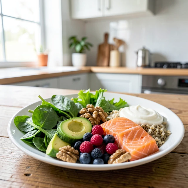 Vibrant fertility-friendly meal plate with nutrient-rich foods including greens, healthy fats, and proteins